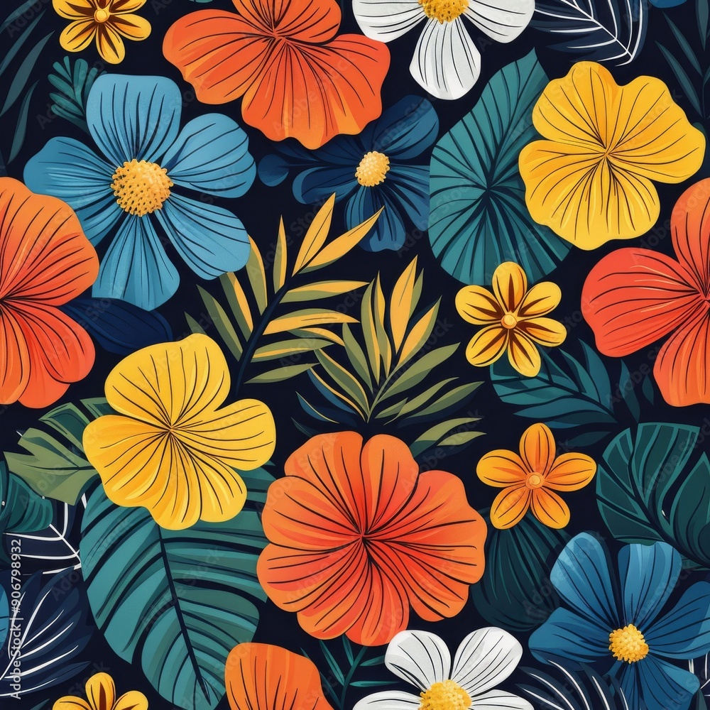Seamless pattern with tropical flowers and leaves. illustration.