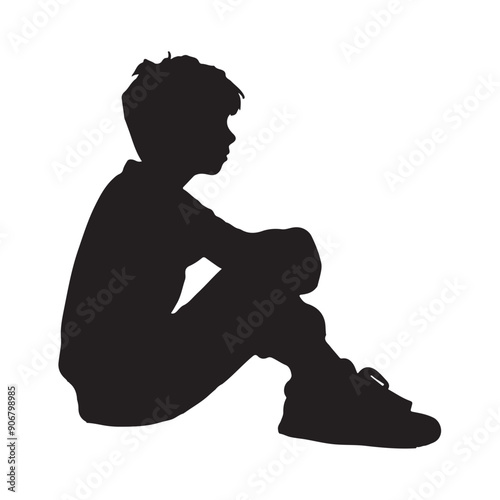 Side profile portrait silhouette of a boy sitting silhouette white background
