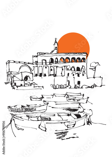 Vector hand drawn sketch illustration of Polignano a Mare in Puglia region of Italy