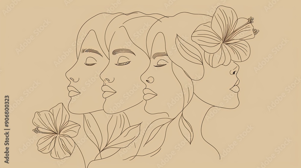 Women' faces in one line art style with flowers and leaves.Continuous line art in elegant style for prints, tattoos, posters, textile, cards etc. Beautiful woman face Vector illustration Women' faces in one line art style with flowers and leaves.Continuous line art in elegant style for prints, tattoos, posters, textile, cards etc. Beautiful woman face Vector illustration