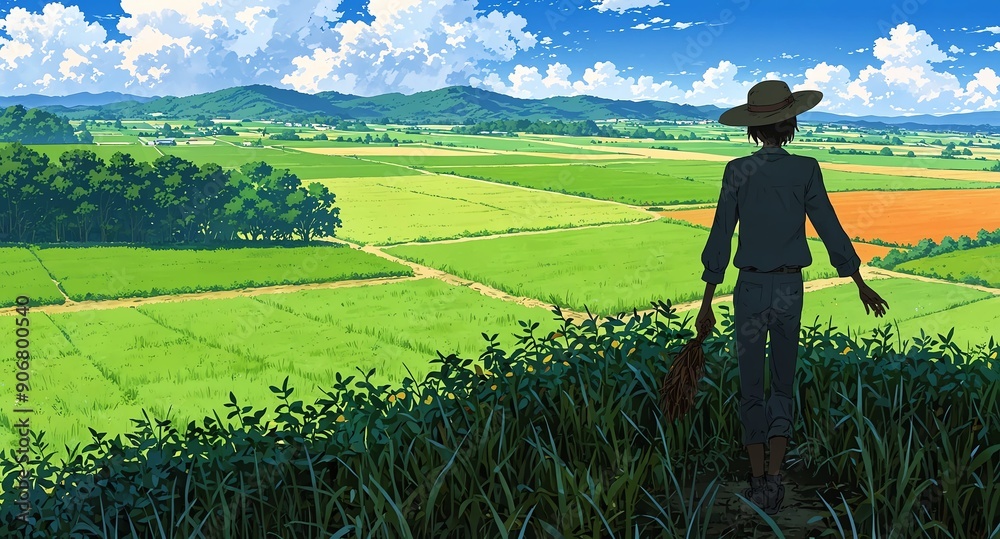 Fototapeta premium quiet field with scarecrow background panoramic wide angle view anime cartoon