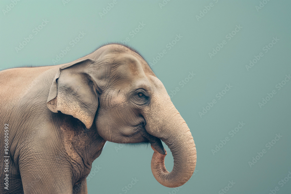 Naklejka premium Elephant close up. Funny photo. Cute animal image in a minimalist style on a light blue background on the right. Wild animal.
