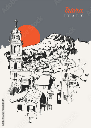 Drawing sketch illustration of Triora village in Liguria, Italy