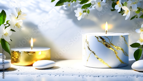 White and Gold Candles with White Flowers on White Background