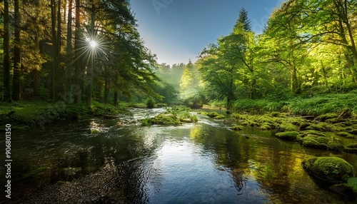 A remote, crystal-clear river winding through a dense forest, with sunlight filtering through the canopy and reflecting off the water’s surface.

