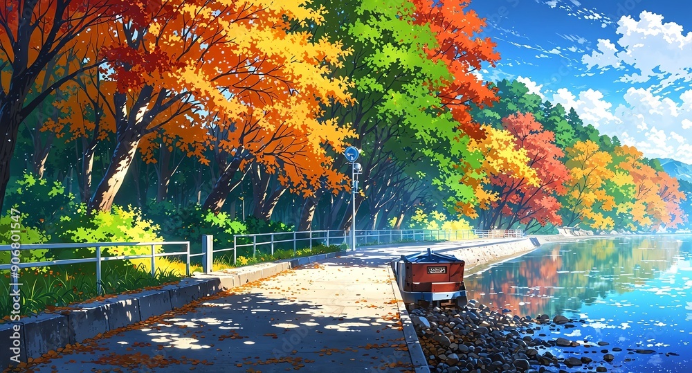 Obraz premium quiet riverside with autumn leaves background panoramic wide angle view anime cartoon