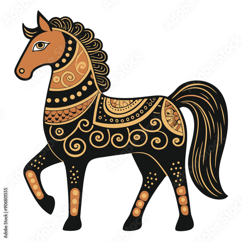 Stylized Black Horse with Gold and Orange Patterns