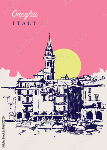 Drawing sketch illustration of Oneglia town in northern Italy