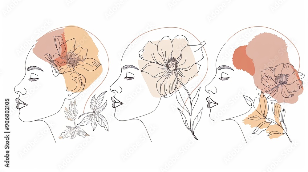 Women face in one line art style with flowers and leaves.Continuous line art in elegant style for prints, tattoos, posters, textile, cards etc. Beautiful woman face Vector illustration Women face in one line art style with flowers and leaves.Continuous line art in elegant style for prints, tattoos, posters, textile, cards etc. Beautiful woman face Vector illustration