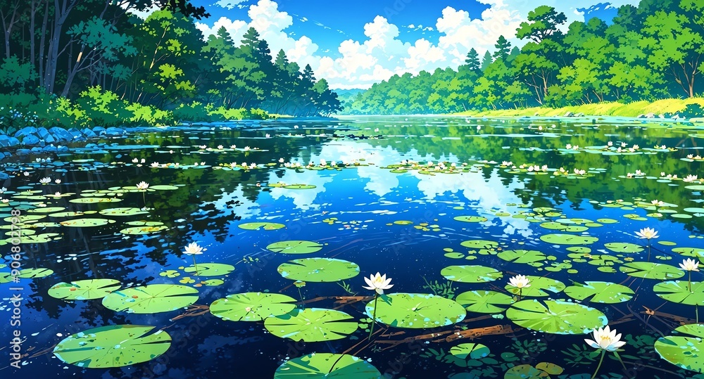 serene river with lily pads background panoramic wide angle view anime cartoon