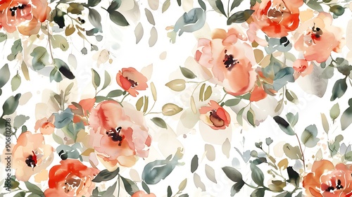 Watercolor Floral Background: Romantic Blooms and Leaves