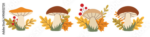 Simple flat style mushrooms and autumn leaves set. Hand drawn cute and cozy design elements. Fall, autumn season