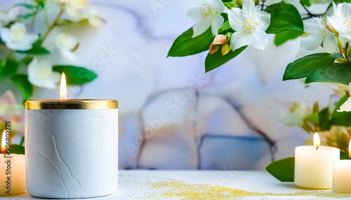 White Candle with Gold Trim Surrounded by Jasmine Flowers and Other Candles