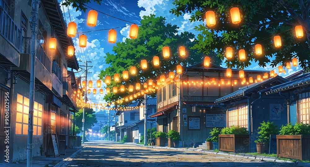 Obraz premium small town festival with lanterns background panoramic wide angle view anime cartoon