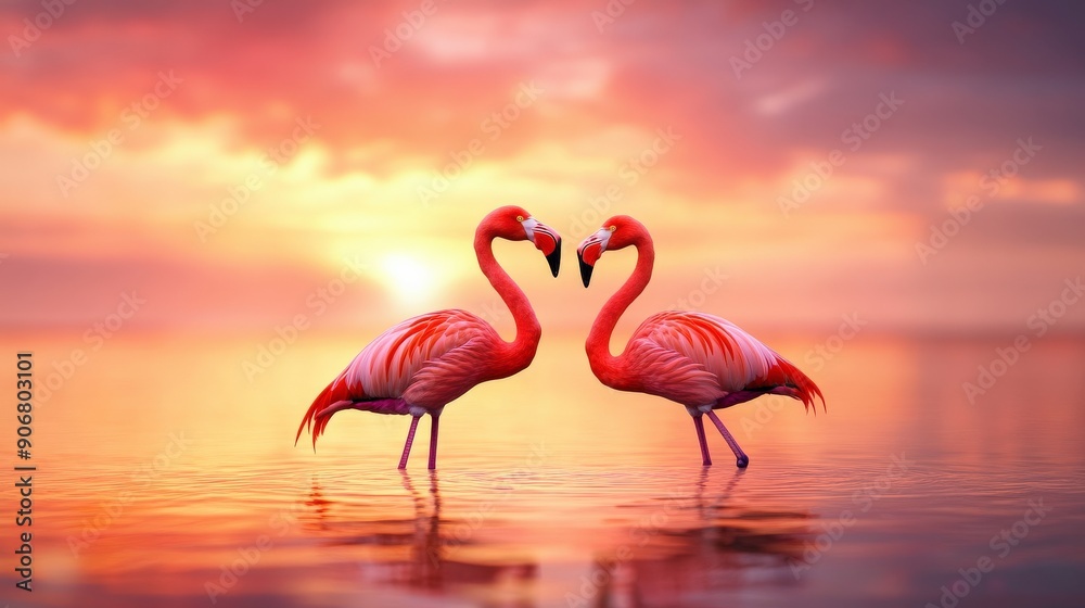 Fototapeta premium A group of five flamingos are standing in the water, with the sun setting in the background. The scene is serene and peaceful, with the flamingos appearing to be enjoying the calm waters