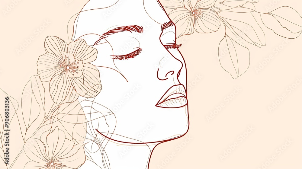 Women face in one line art style with flowers and leaves.Continuous line art in elegant style for prints, tattoos, posters, textile, cards etc. Beautiful woman face Vector illustration Women face in one line art style with flowers and leaves.Continuous line art in elegant style for prints, tattoos, posters, textile, cards etc. Beautiful woman face Vector illustration