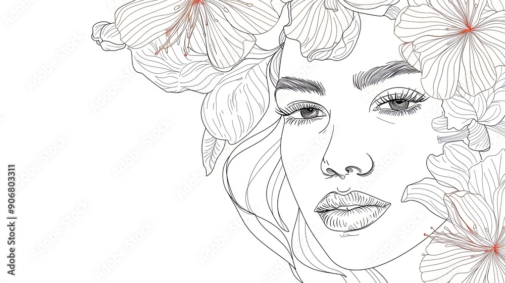 Women face in one line art style with flowers and leaves.Continuous line art in elegant style for prints, tattoos, posters, textile, cards etc. Beautiful woman face Vector illustration Women face in one line art style with flowers and leaves.Continuous line art in elegant style for prints, tattoos, posters, textile, cards etc. Beautiful woman face Vector illustration