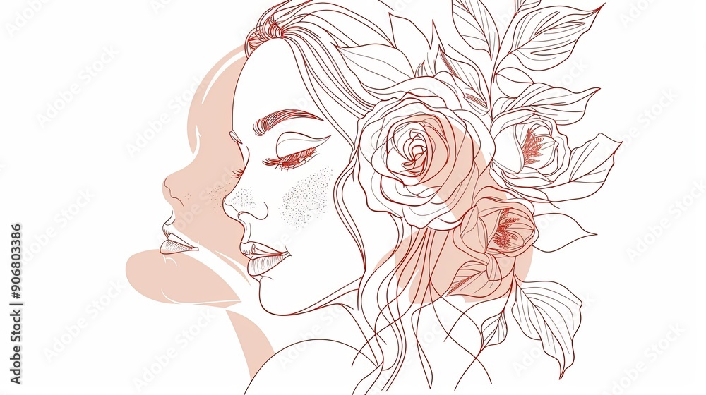 Women face in one line art style with flowers and leaves.Continuous line art in elegant style for prints, tattoos, posters, textile, cards etc. Beautiful woman face Vector illustration Women face in one line art style with flowers and leaves.Continuous line art in elegant style for prints, tattoos, posters, textile, cards etc. Beautiful woman face Vector illustration