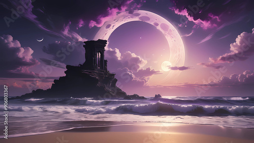 a dreamy landscape of a shadow portal leading to another dimension, covered in purple clouds, with a moon on the horizon. sunset and waves