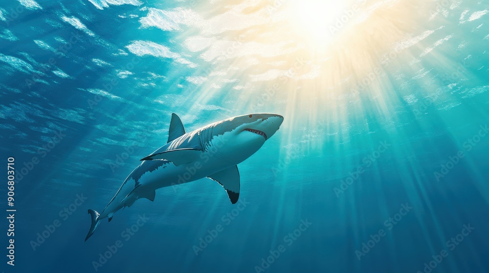 Fototapeta premium A shark is swimming in the ocean with its mouth open. The sun is shining on the water, creating a beautiful and serene atmosphere