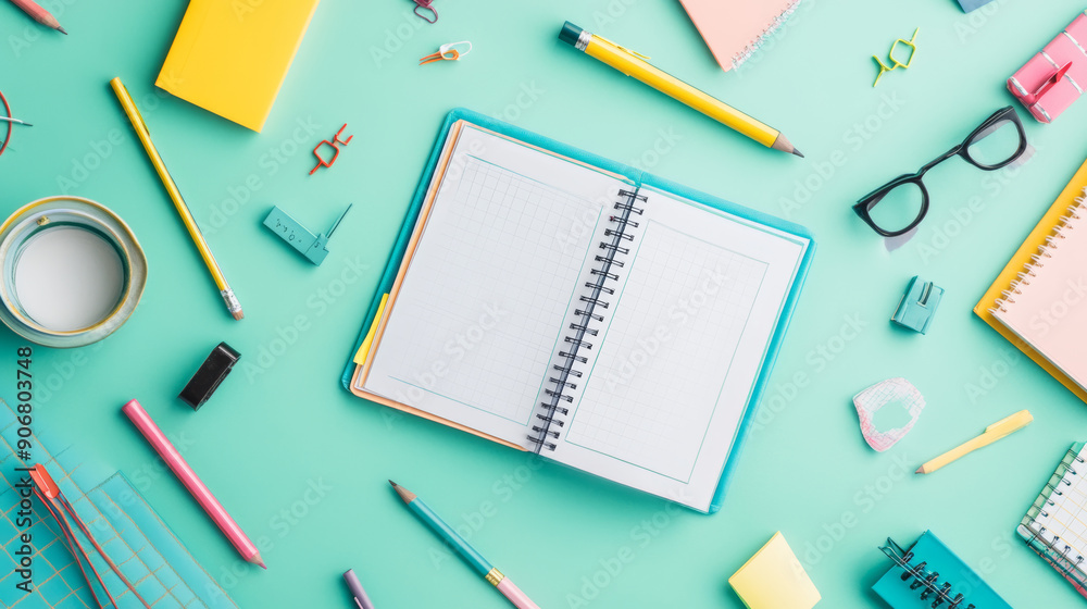 School supplies and an open sketchbook are arranged on a pastel green background, symbolizing the start of a new school year and the excitement of learning School supplies and an open sketchbook are arranged on a pastel green background, symbolizing the start of a new school year and the excitement of learning