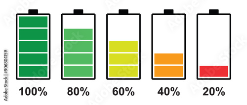 Battery icon set. Simple battery icon with showing percentage. Icons set on white background. Smartphone battery level from low to maximum. Vector illustration. eps10 