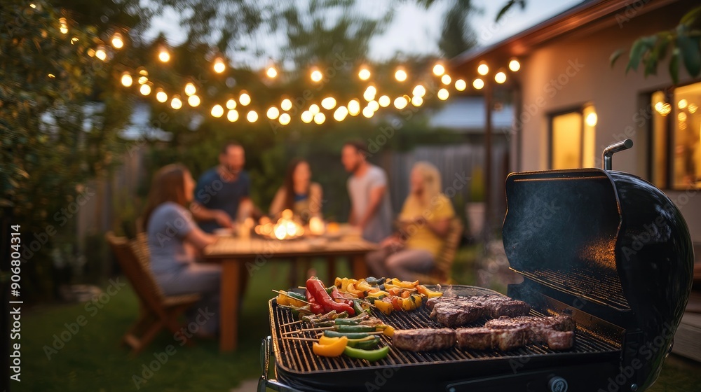 Friends Enjoying BBQ at Dusk in Cozy Backyard Setting with Festive String Lights Friends Enjoying BBQ at Dusk in Cozy Backyard Setting with Festive String Lights