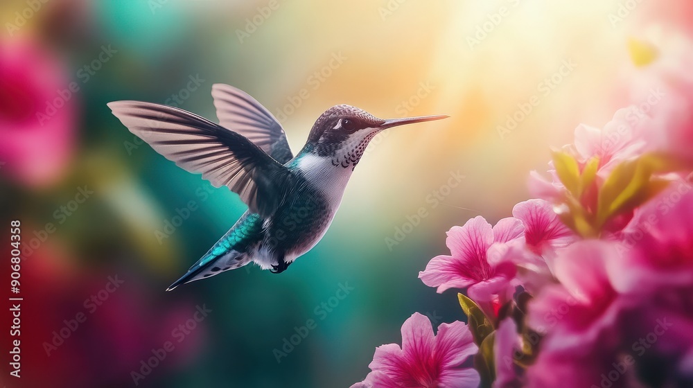 Fototapeta premium A hummingbird is flying over a field of flowers. The flowers are pink and yellow, and the bird is in the center of the image. Scene is peaceful and serene, as the bird is free to fly
