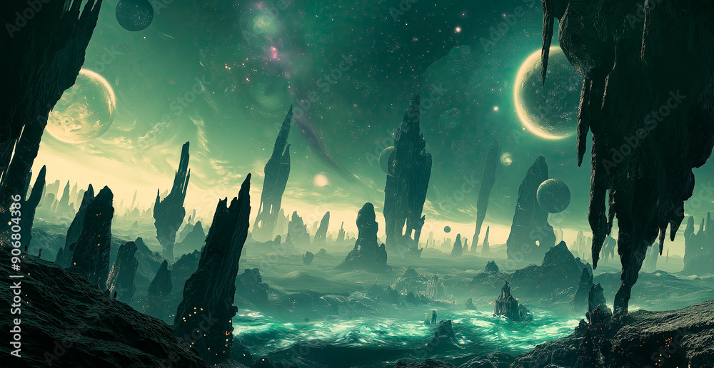 Concept art of an alien landscape with large rock formations, with ...