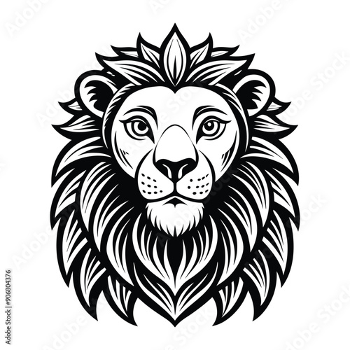Black and White Detailed Illustration of a Lion's Head