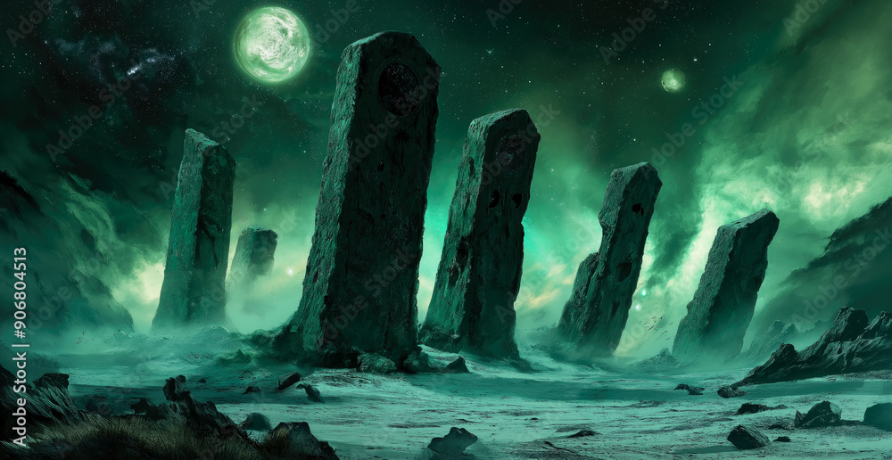 Concept art of an alien landscape with large rock formations, with ...
