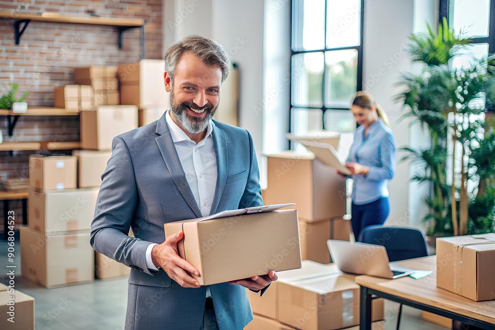 Businessman Packing Boxes in Office: Corporate Moving and E-Commerce Businessman Packing Boxes in Office: Corporate Moving and E-Commerce