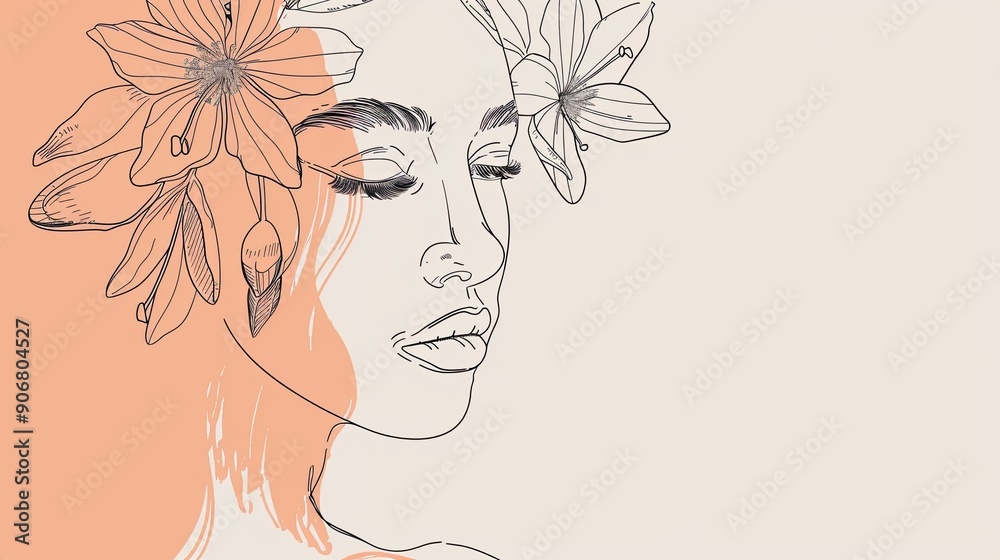 Women face in one line art style with flowers and leaves.Continuous line art in elegant style for prints, tattoos, posters, textile, cards etc. Beautiful woman face Vector illustration Women face in one line art style with flowers and leaves.Continuous line art in elegant style for prints, tattoos, posters, textile, cards etc. Beautiful woman face Vector illustration