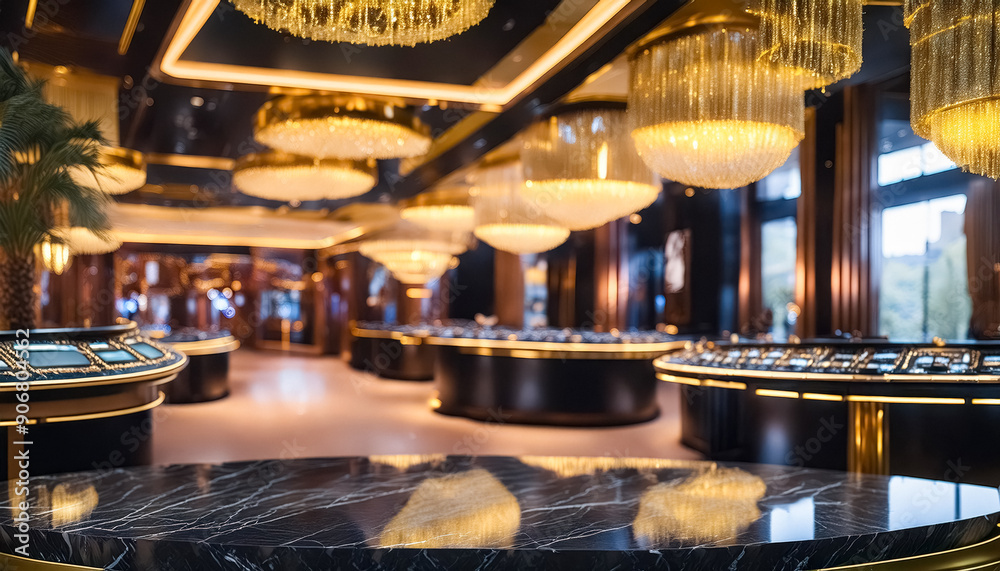 Luxurious Interior with Black Marble Table and Golden Chandeliers Luxurious Interior with Black Marble Table and Golden Chandeliers