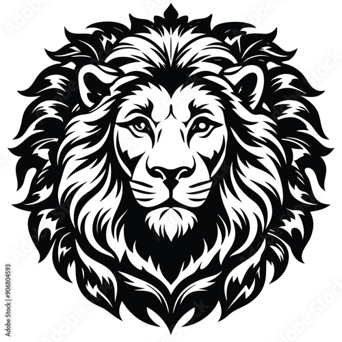 Black and White Lion Head Illustration with Detailed Mane