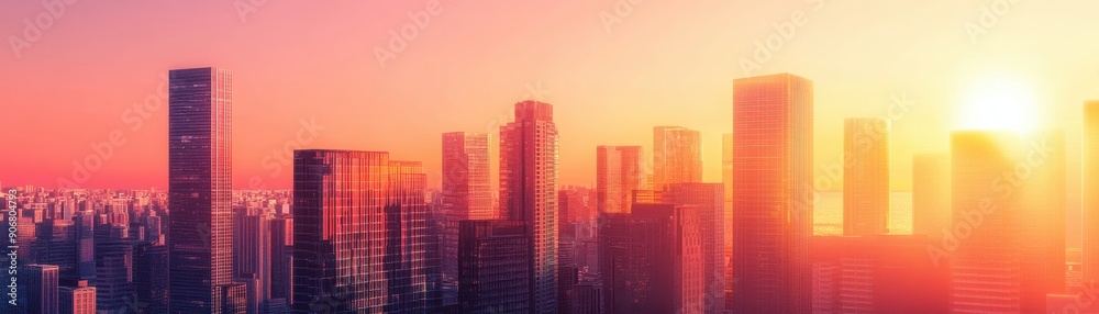 A stunning panoramic view of a city skyline at sunset, showcasing tall skyscrapers bathed in warm, golden light. A stunning panoramic view of a city skyline at sunset, showcasing tall skyscrapers bathed in warm, golden light.