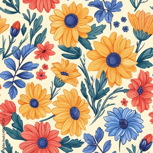 Wallpaper Mural Seamless pattern with colorful flowers and leaves. illustration. Torontodigital.ca