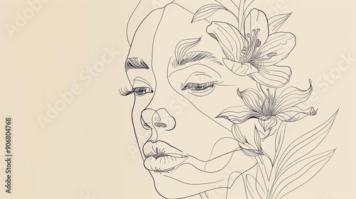 Women face in one line art style with flowers and leaves.Continuous line art in elegant style for prints, tattoos, posters, textile, cards etc. Beautiful woman face Vector illustration