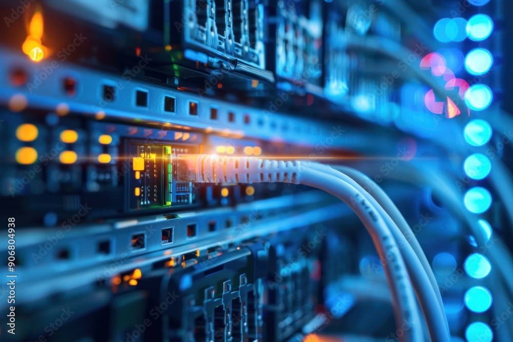 Close-up of a Data Server with Network Cables