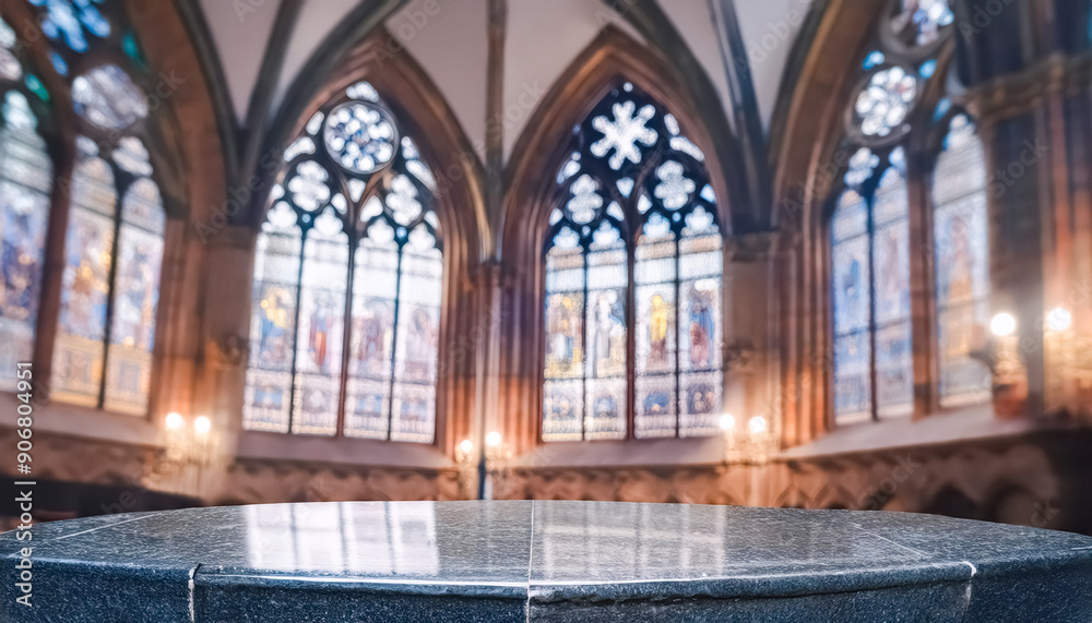 Fototapeta premium Stone Platform in Front of Stained Glass Windows
