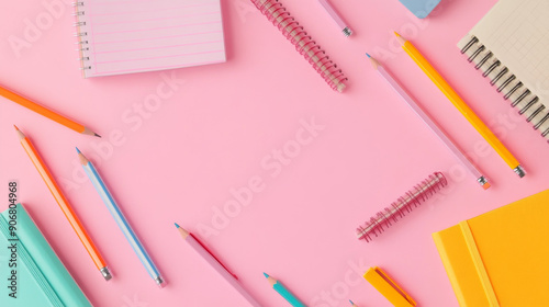 School supplies, like pencils, pens, and notebooks, are neatly arranged on a red backdrop, leaving room for your words or ideas.