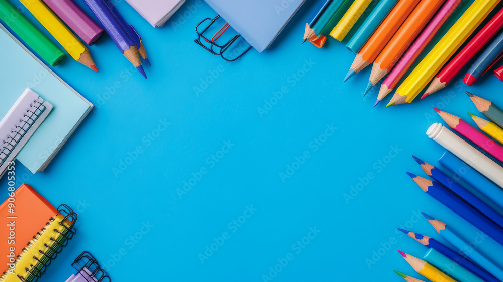 Fototapeta premium School supplies, like pencils, pens, and notebooks, are neatly arranged on a red backdrop, leaving room for your words or ideas.