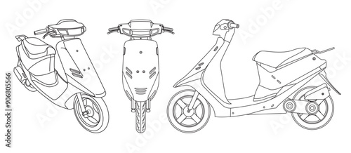 Vector black line drawing of a motorcycle, front, side and 45 degree angle.