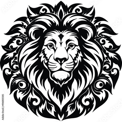 Ornate Black and White Lion Head with Floral Details