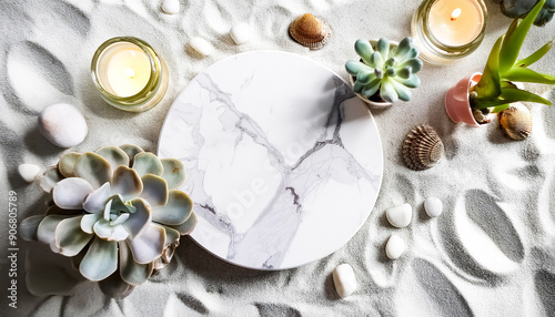 Marble Coaster with Succulents and Candles on White Sand