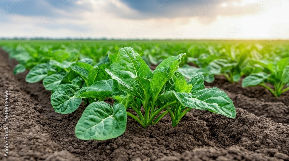 Vibrant spinach plants thriving in fertile soil under a cloudy sky, showcasing agriculture and fresh produce cultivation. Vibrant spinach plants thriving in fertile soil under a cloudy sky, showcasing agriculture and fresh produce cultivation.