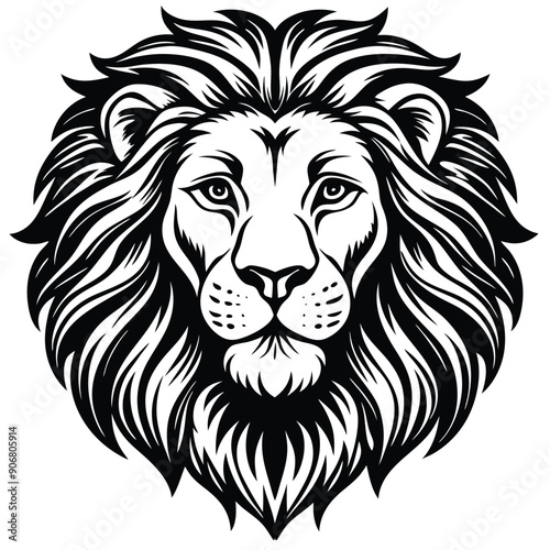 Black and White Lion Head with Detailed Mane