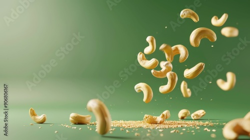 Cashew nuts suspended in mid-air on a green background photo