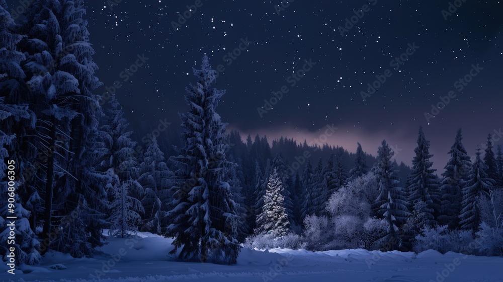 Soft snow blankets the ground as tall evergreen trees stand beneath a clear, starry sky, creating a peaceful winter atmosphere