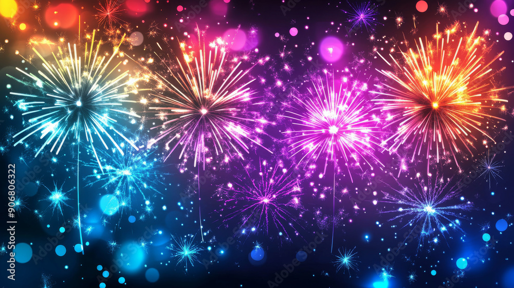 Fototapeta premium Bright, vibrant banner for New Year's celebration with sparkling fireworks